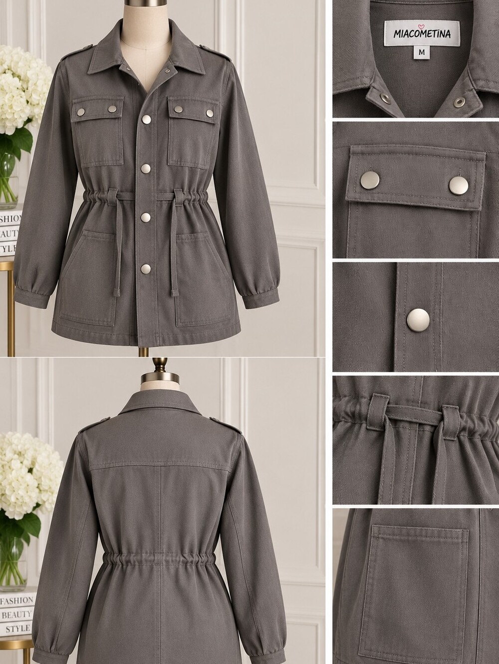 Girls' Gray Utility Jacket with Drawstring Waist